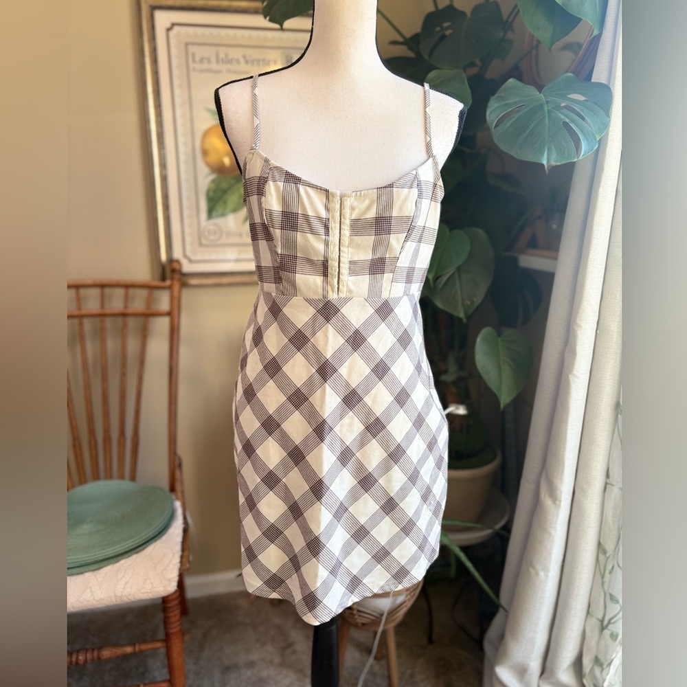 Urban Outfitters Cream and Brown Plaid Spaghetti Strap Mini Dress - Picture 7 of 11